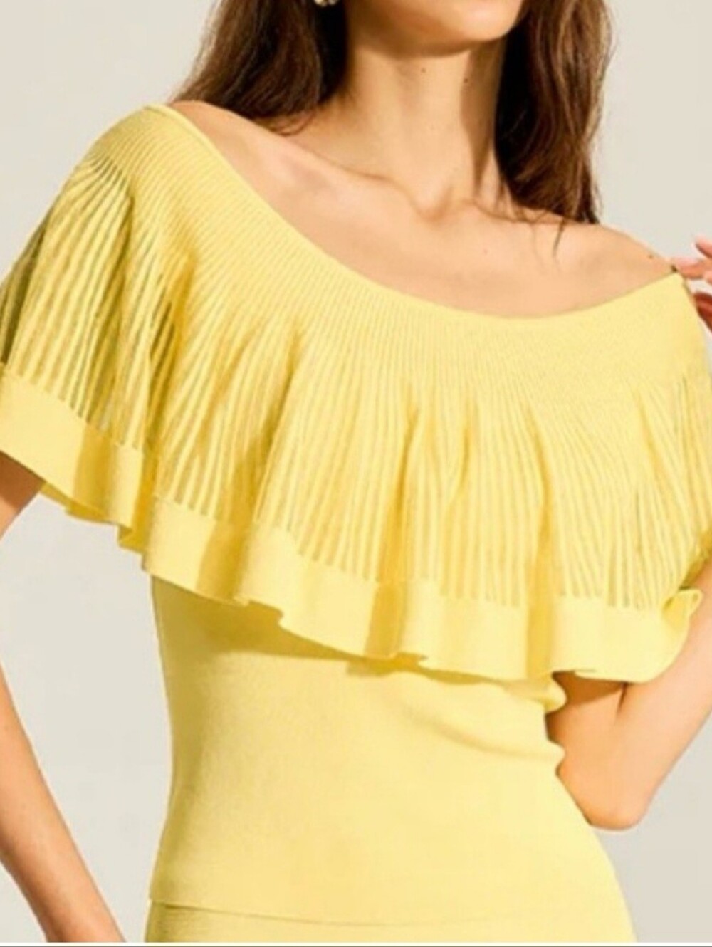 Commense Lemon-Yellow Off-the-Shoulder Ruffle Sweater